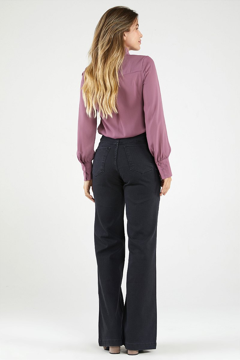 Calça Wide Leg Jeans Preta Estonada - Florença