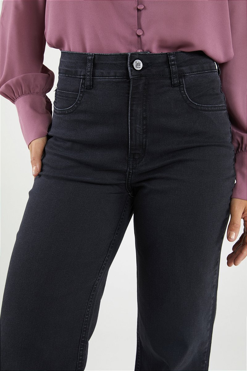 Calça Wide Leg Jeans Preta Estonada - Florença