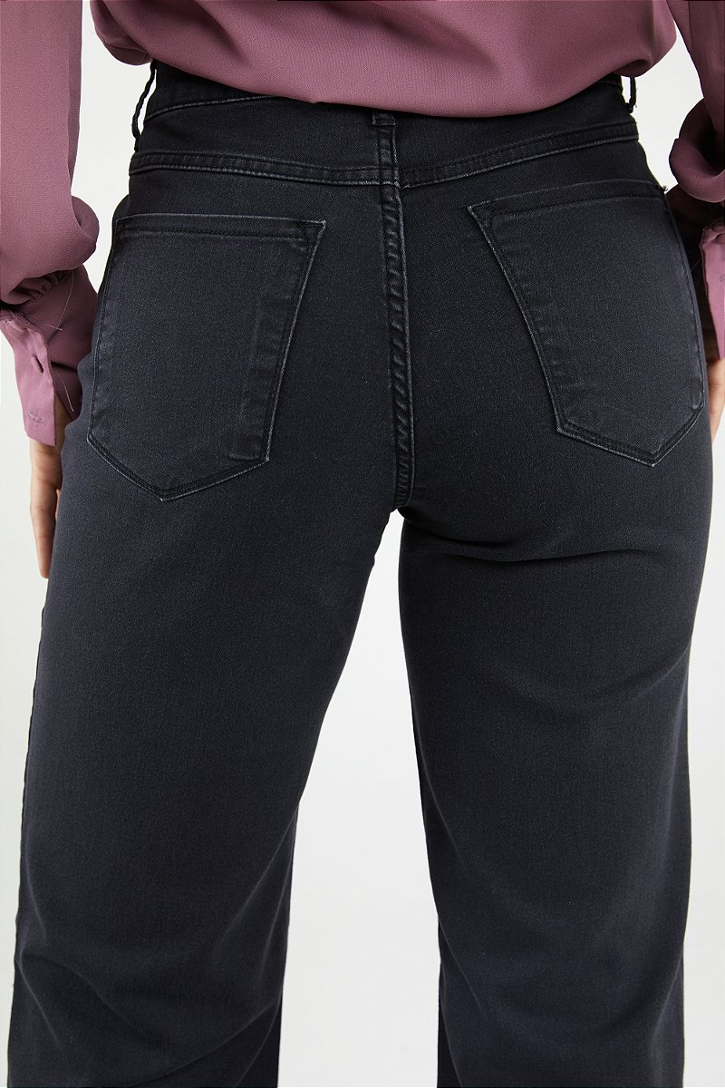Calça Wide Leg Jeans Preta Estonada - Florença