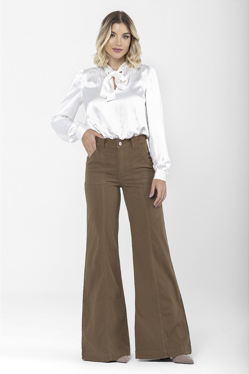 Calça Pantalona Sarja Cotelê Marrom - Faro
