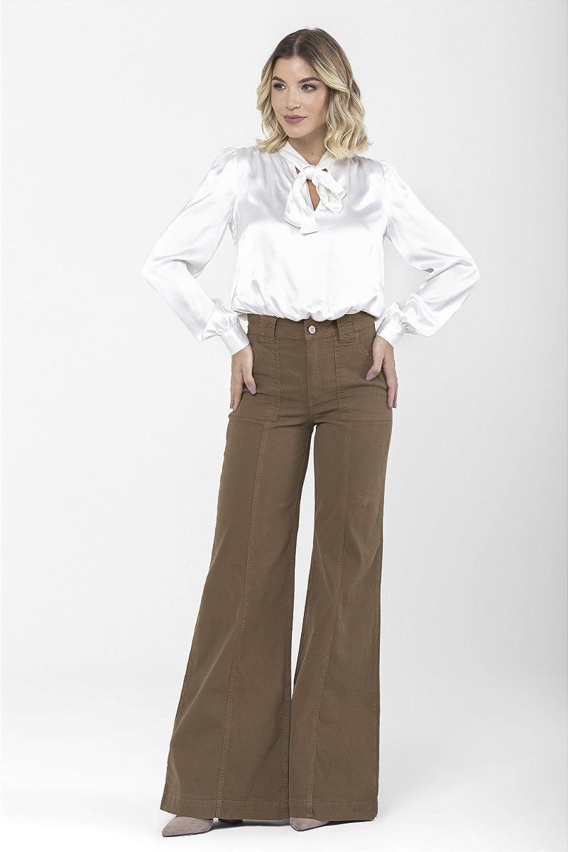 Calça Pantalona Sarja Cotelê Marrom - Faro