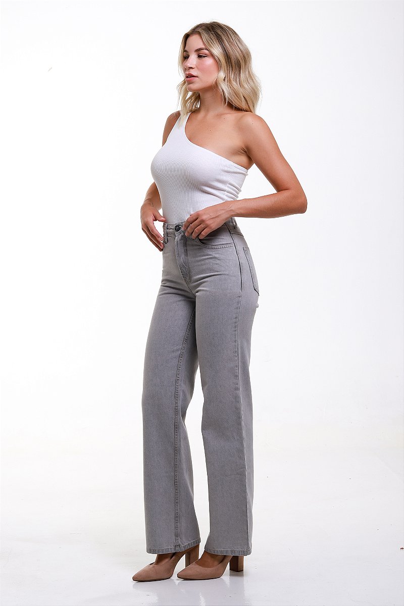 Calça Wide Leg Sarja Cinza - Jaú