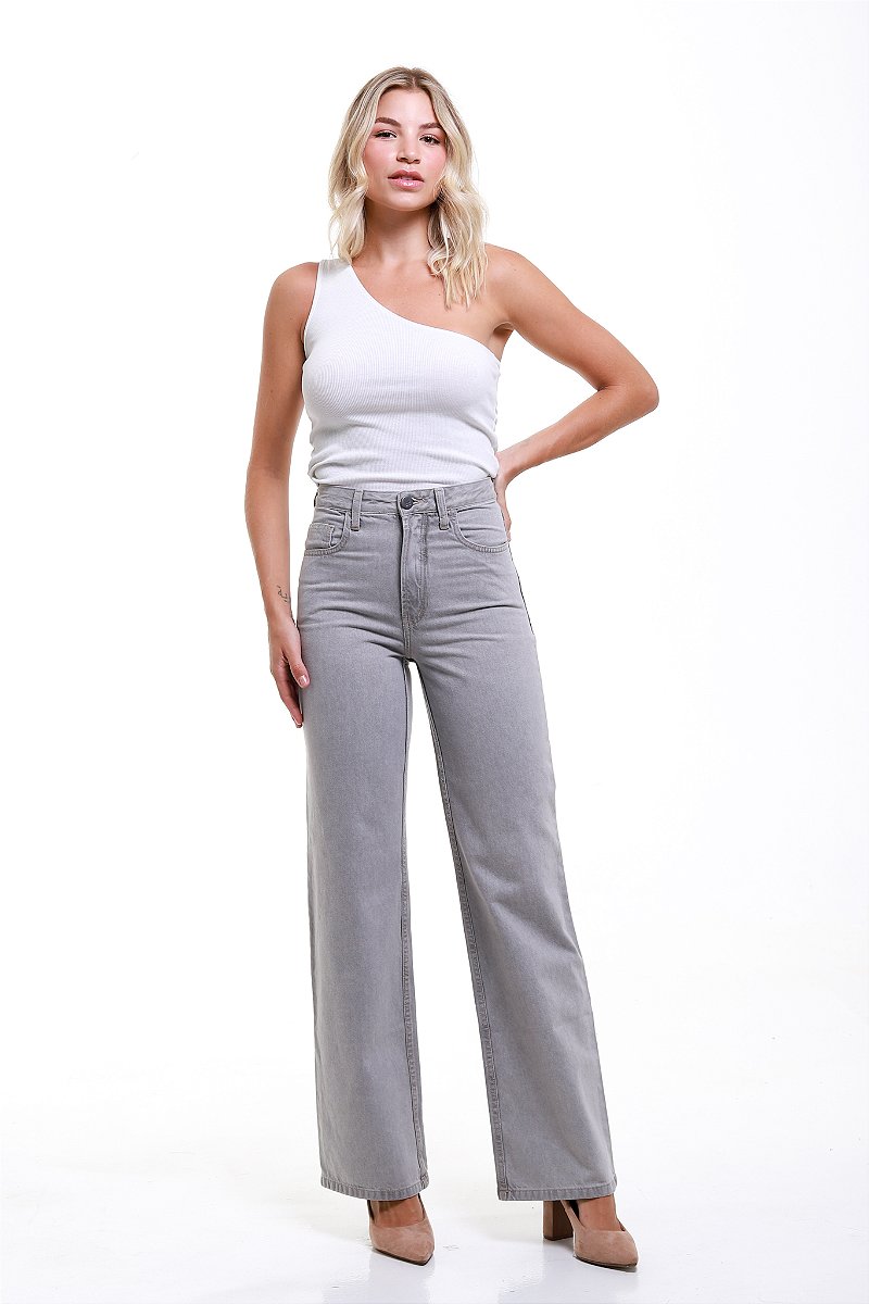 Calça Wide Leg Sarja Cinza - Jaú