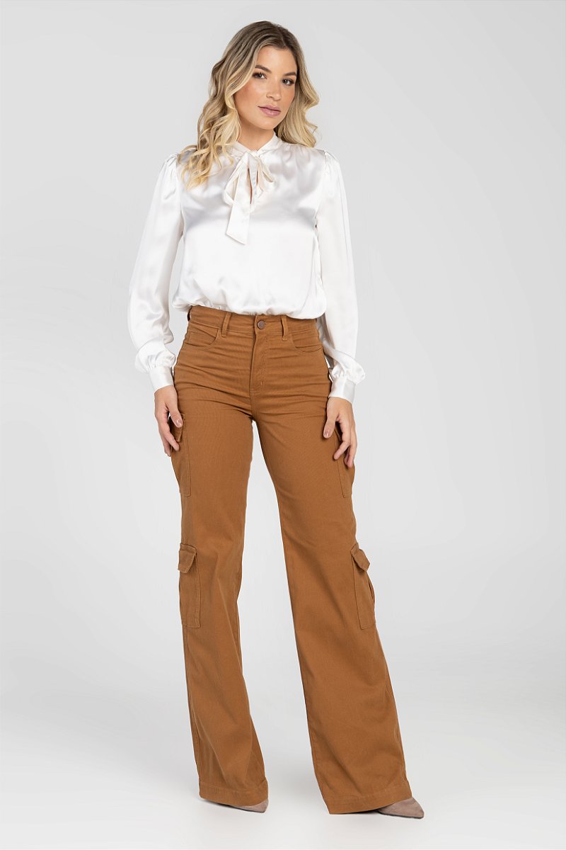 Calça Sarja Cotelê Wide Leg Cargo Marrom - Samui