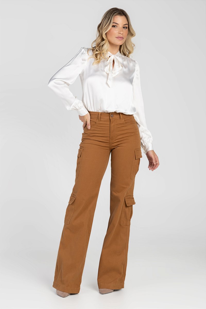 Calça Sarja Cotelê Wide Leg Cargo Marrom - Samui