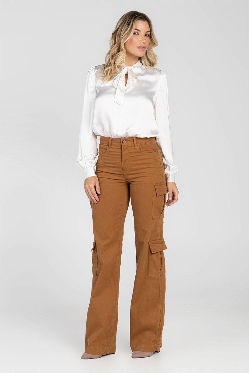 Calça Sarja Cotelê Wide Leg Cargo Marrom - Samui