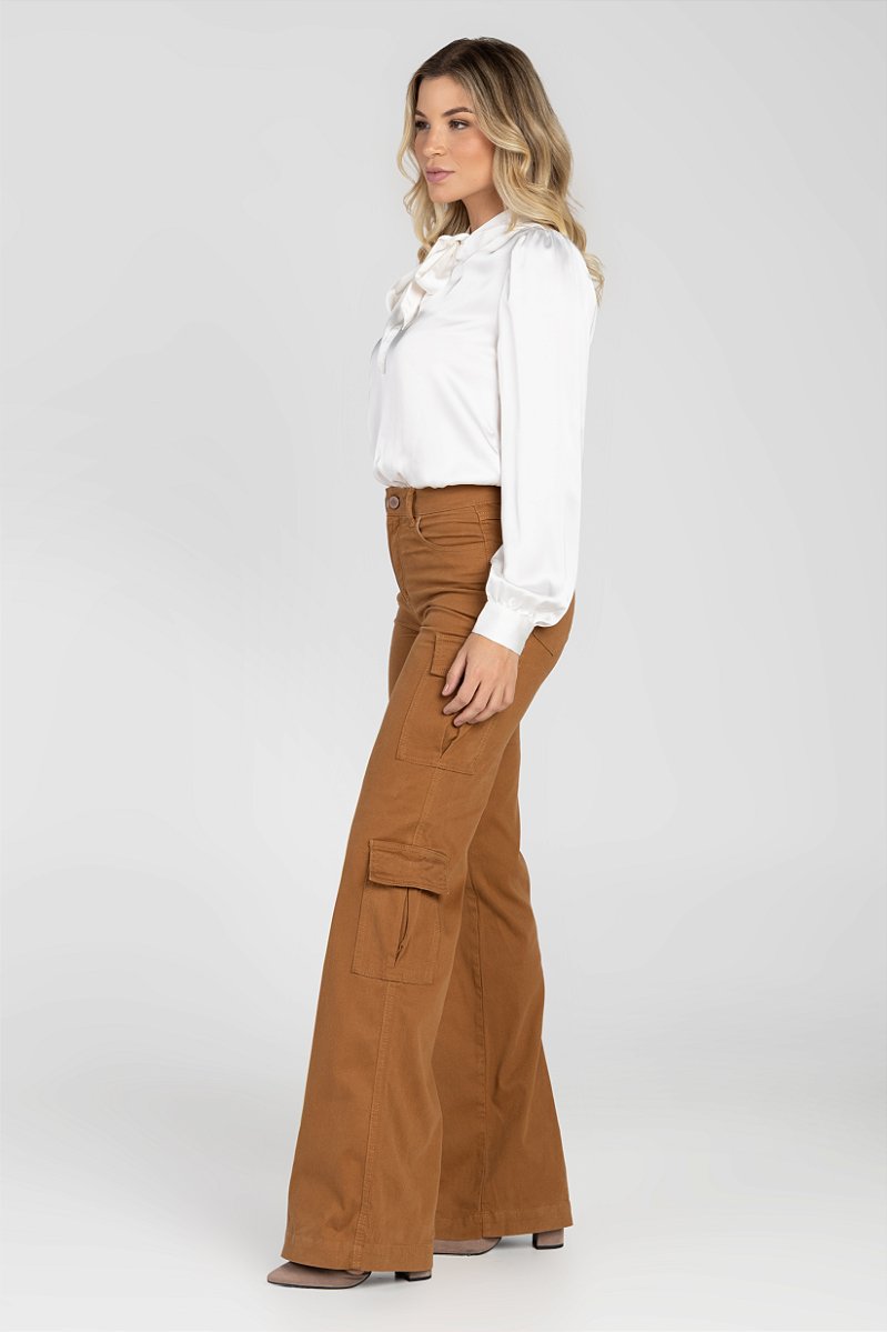Calça Sarja Cotelê Wide Leg Cargo Marrom - Samui