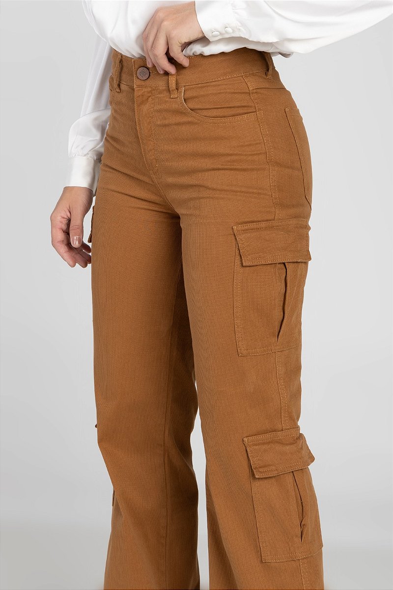 Calça Sarja Cotelê Wide Leg Cargo Marrom - Samui