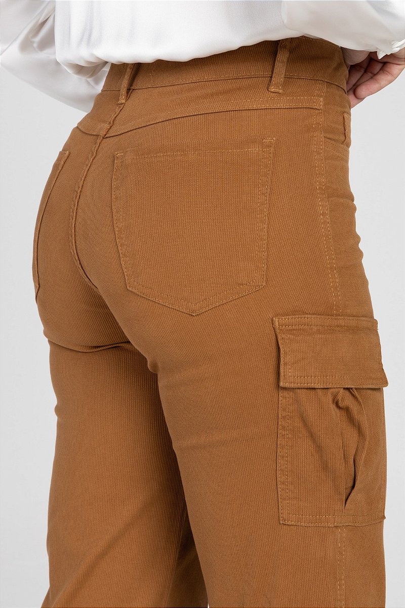 Calça Sarja Cotelê Wide Leg Cargo Marrom - Samui
