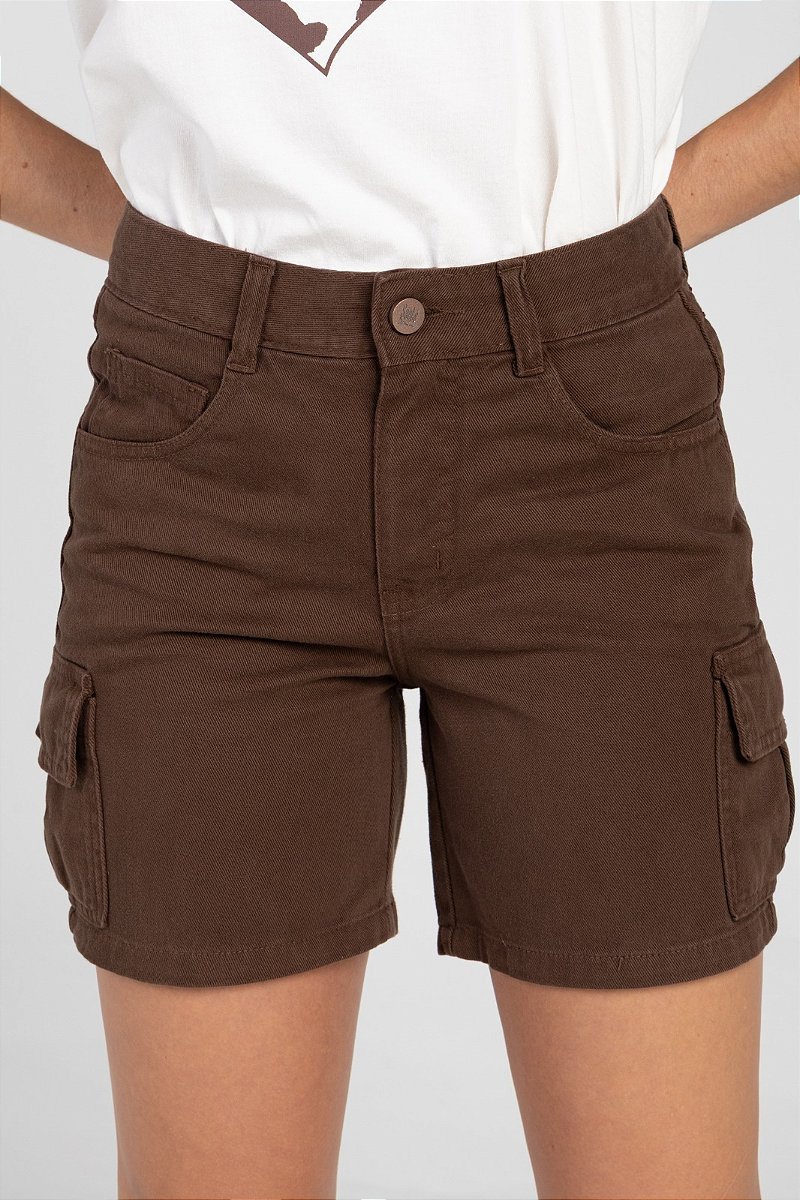 Shorts Jeans Feminino Cargo Mid Marrom - Komodo - Santé Denim