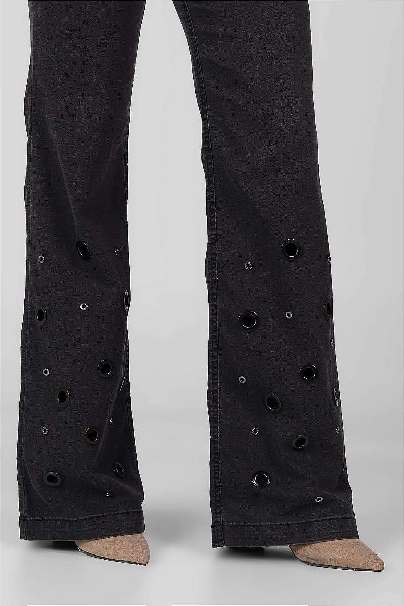 Calça Wide Leg Jeans Preta Estonada - Dallas