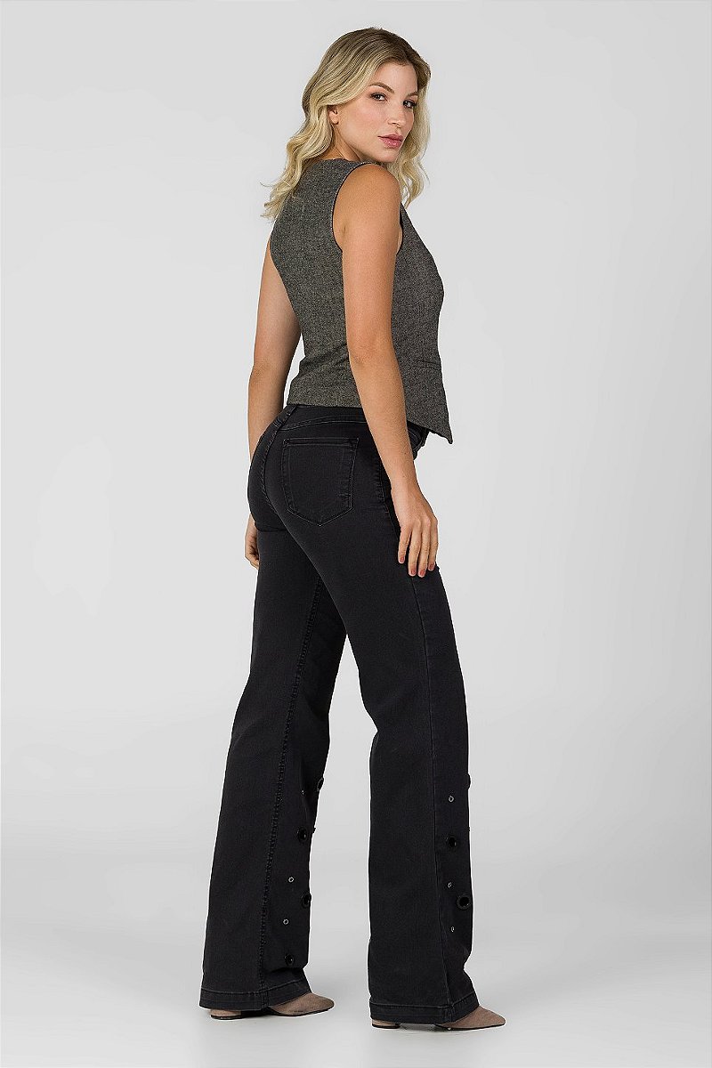 Calça Wide Leg Jeans Preta Estonada - Dallas