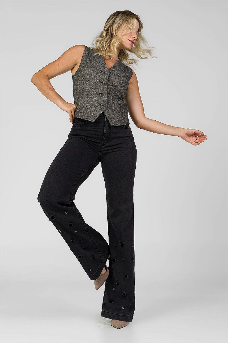 Calça Wide Leg Jeans Preta Estonada - Dallas