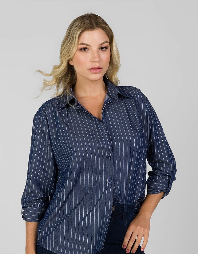 Camisa Azul Escuro Listrada - Olívia