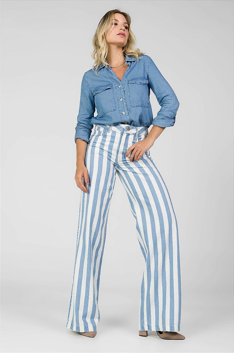 Calça Wide Leg Sarja Listrada - Philadelphia