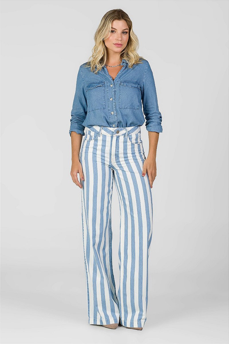 Calça Wide Leg Sarja Listrada - Philadelphia