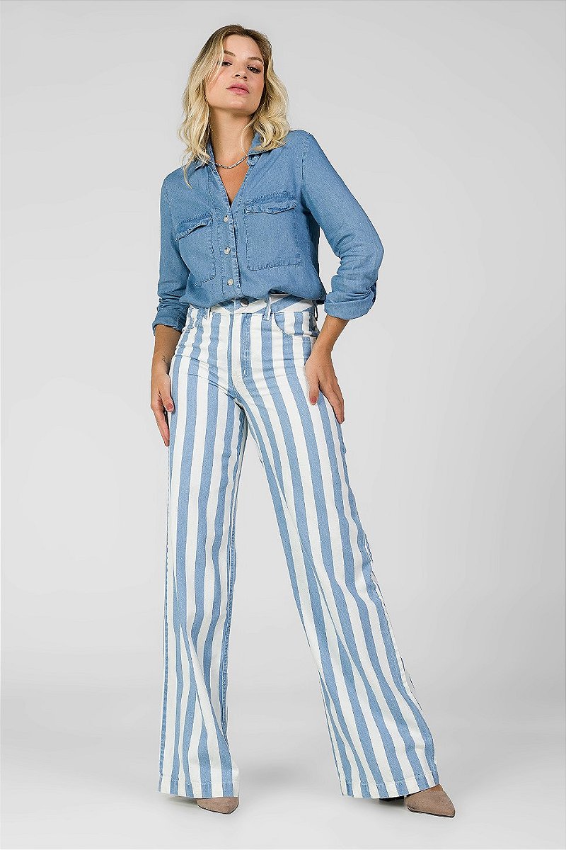 Calça Wide Leg Sarja Listrada - Philadelphia