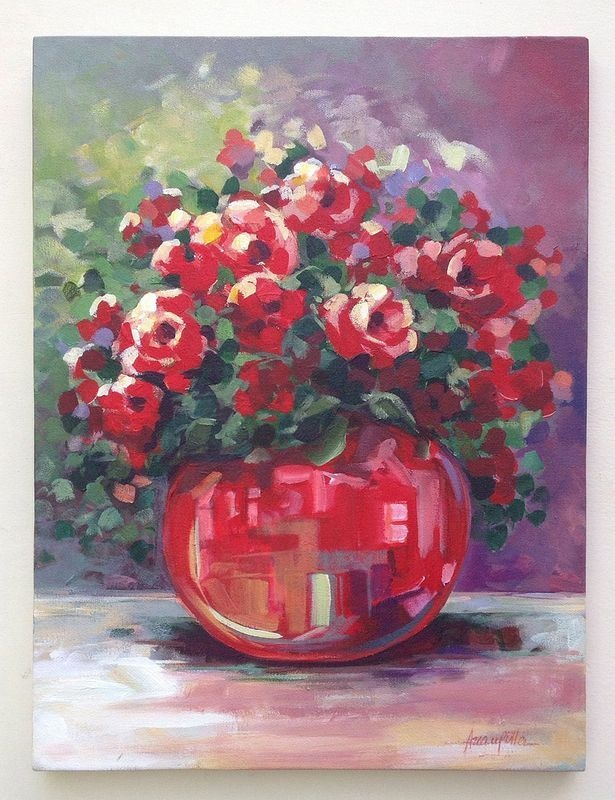 Pintura "Vaso com Flores Vermelhas" nº 1, de Ana Müller