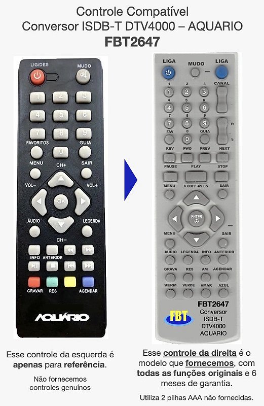 Controle Para Conversor Isdb-t Dtv4000 - Aquario Fbt 2647 - FBT