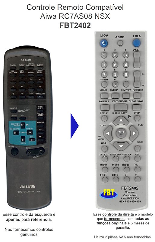 Controle Compatível Aiwa Rc-7as08 Nsx F958 959 969 Fbt2402 - FBT