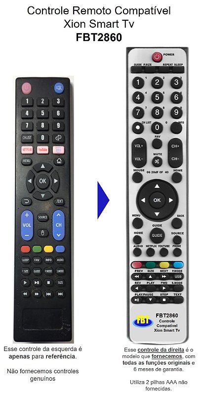 Controle Compatível Com XION SMART XI-LED32SLIM TV FBT2860 - FBT