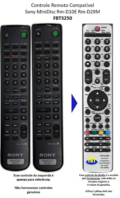 Controle Remoto Compatível Sony MiniDisc Rm-D10E Rm-D29M FBT3250