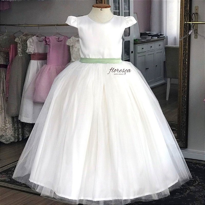 Vestido Infantil Daminha Liz Branco e Verde