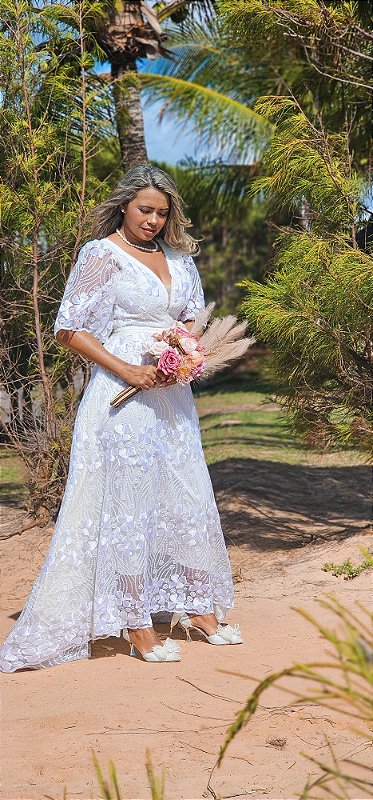 Vestido de noiva decote V manga flare Ana Violeta Vestidos de festa