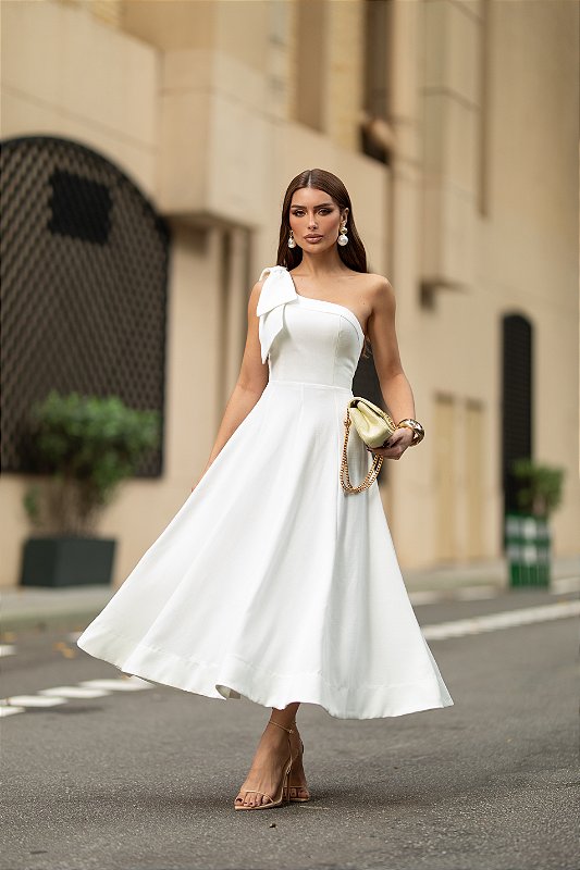 Vestido Midi Branco Elegante Ideal para Noiva, Noivado, Batizado