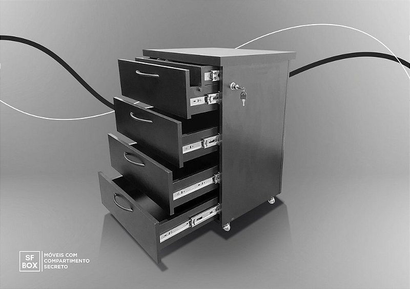 Gaveteiro em MDF com Compartimento Secreto 4 Gavetas Preto SFBOX
