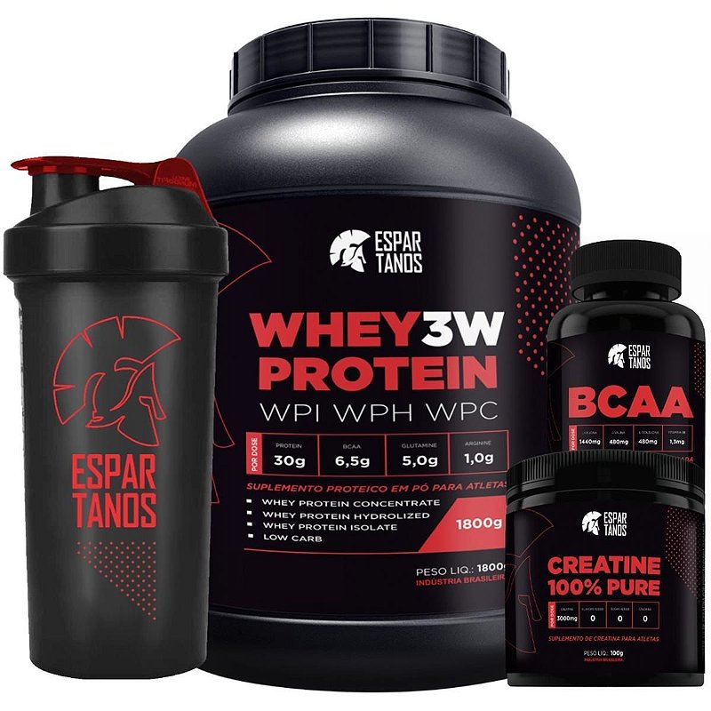 Whey Protein 3w 1,8kg + Bcaa + Creatina + Shaker ESPARTANOS SUPLEMENTOS