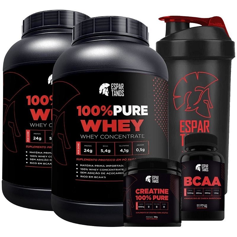 Kit 2x Whey 100 Pure Concentrado Bcaa Creatina Shaker Espartanos Suplementos