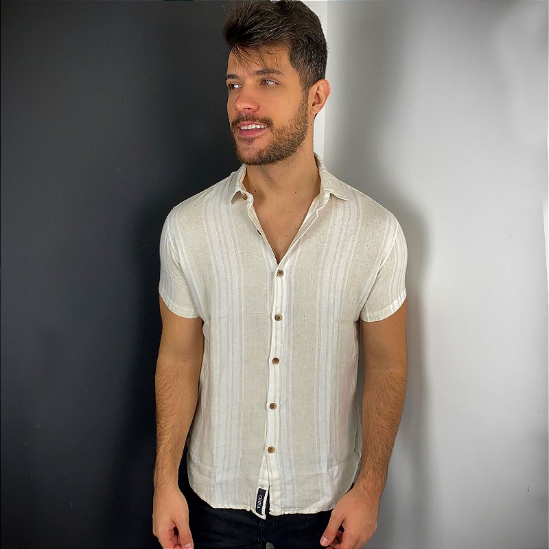 Camisa Viscose com Linho Palha Listrada