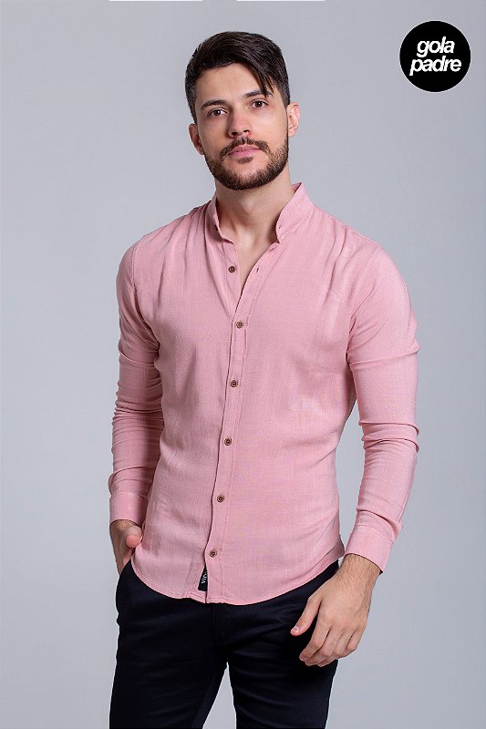 Camisa Viscolinho com Elastano Gola Padre Manga Longa Rosa Vidic