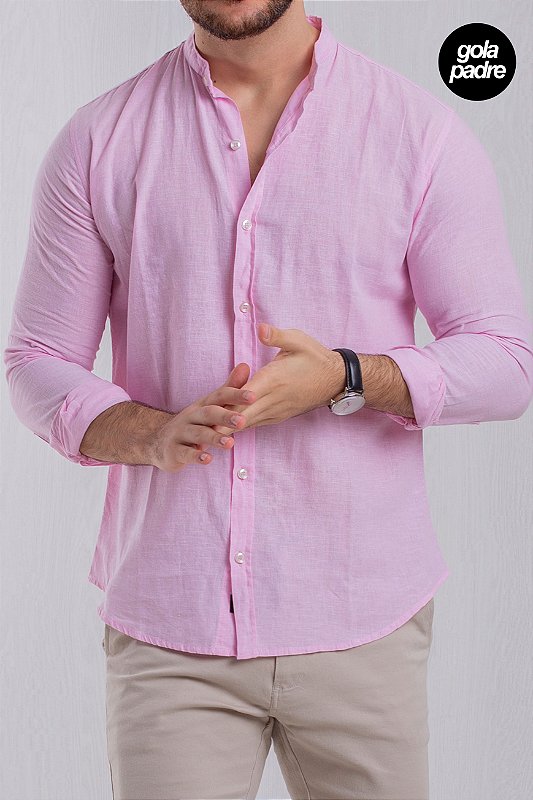 Camisa Linho Rosa Gola Padre Manga Longa Vidic