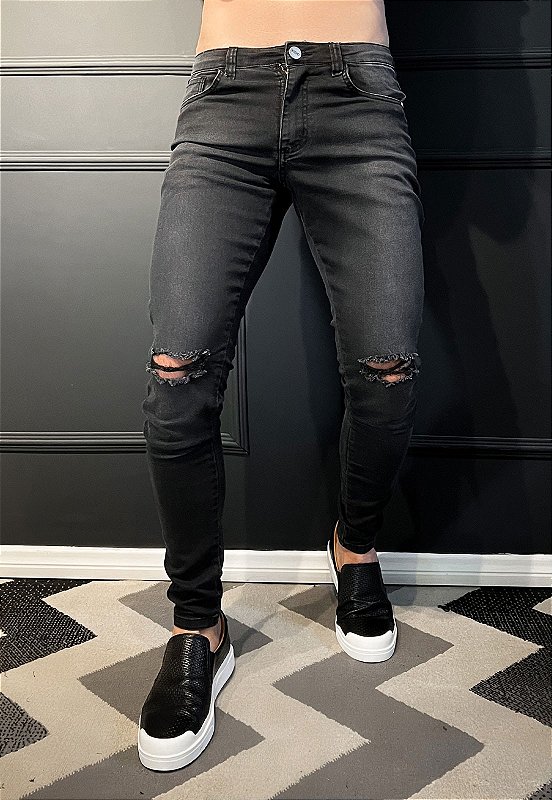 Calça Jeans Preta Destroyed Super Skinny Vidic