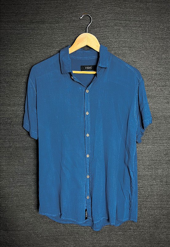 Camisa Viscolinho com Elastano Manga Curta Azul Aço Vidic