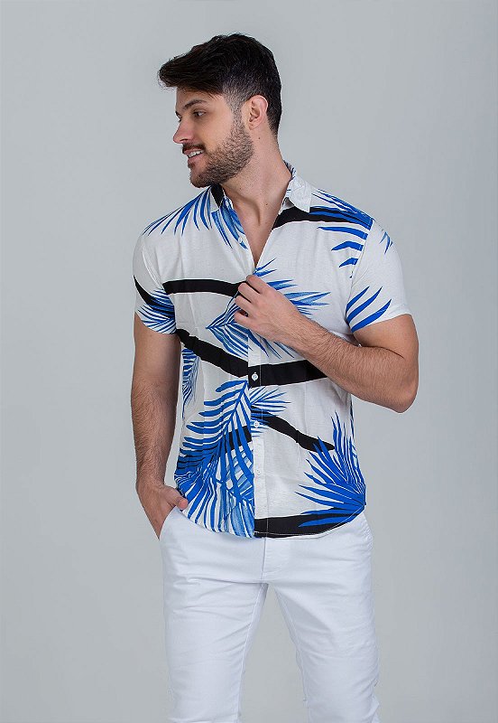 Camisa Floral com Listras Geométricas Vidic Azul
