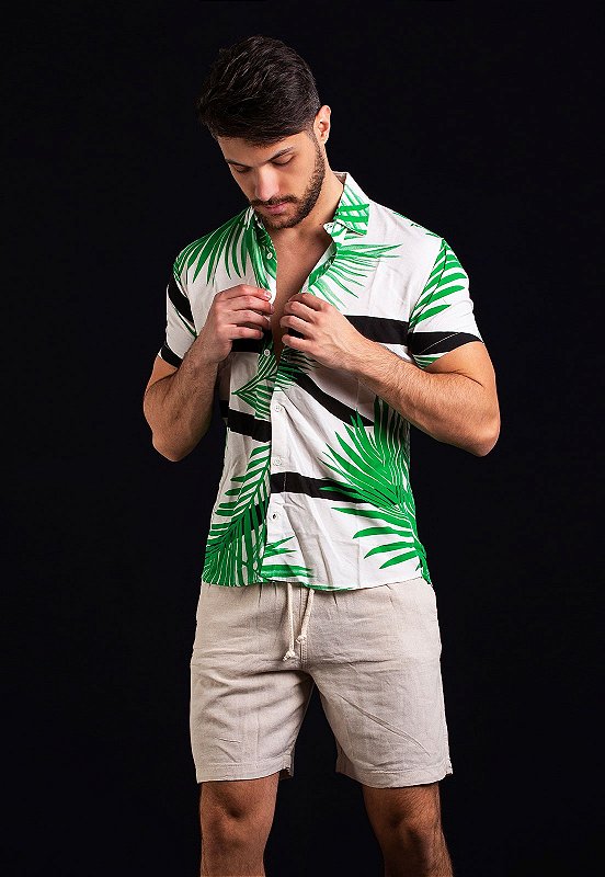 Camisa Floral Viscose com Listras Geométricas Vidic Verde