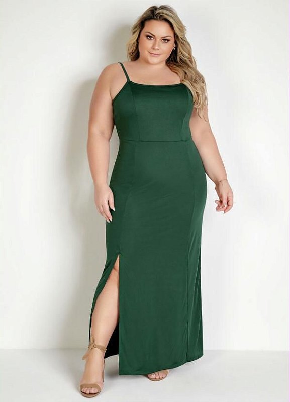 Vestido Longo Verde Com Fenda E Alças Plus Size - Foxxstore