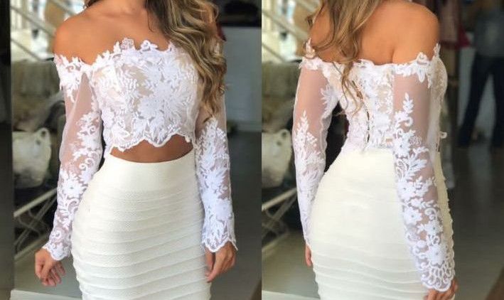 Cropped branco de renda manga longa Clearance