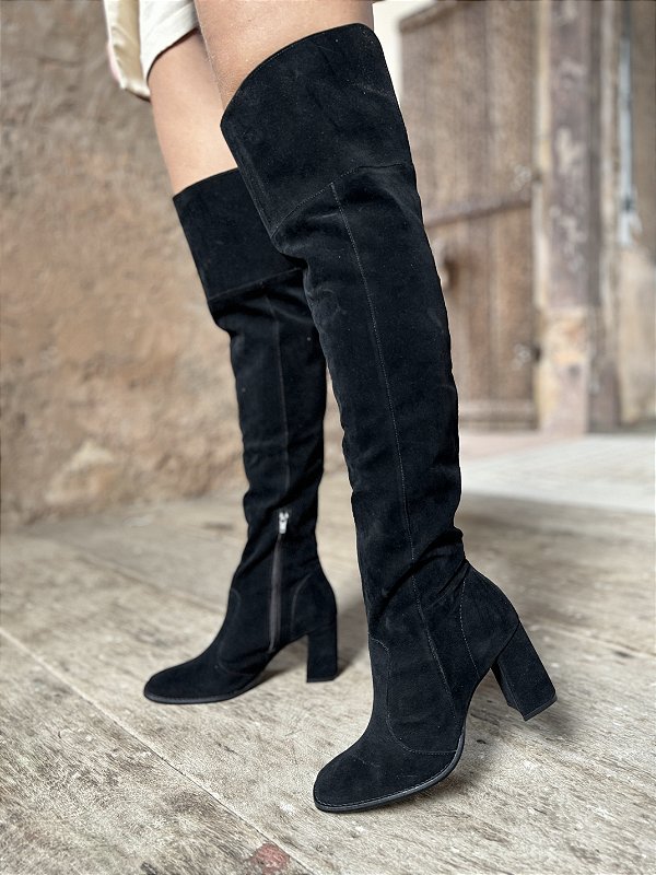 Bota Over Camurça Salto Bloco Preta Fiorela Evidence Acessórios