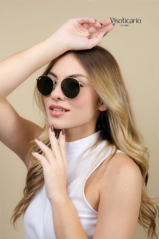 Oculos de Sol Ray-Ban Round Flat RB3447NL-53-001 Ouro Lente Verde G15
