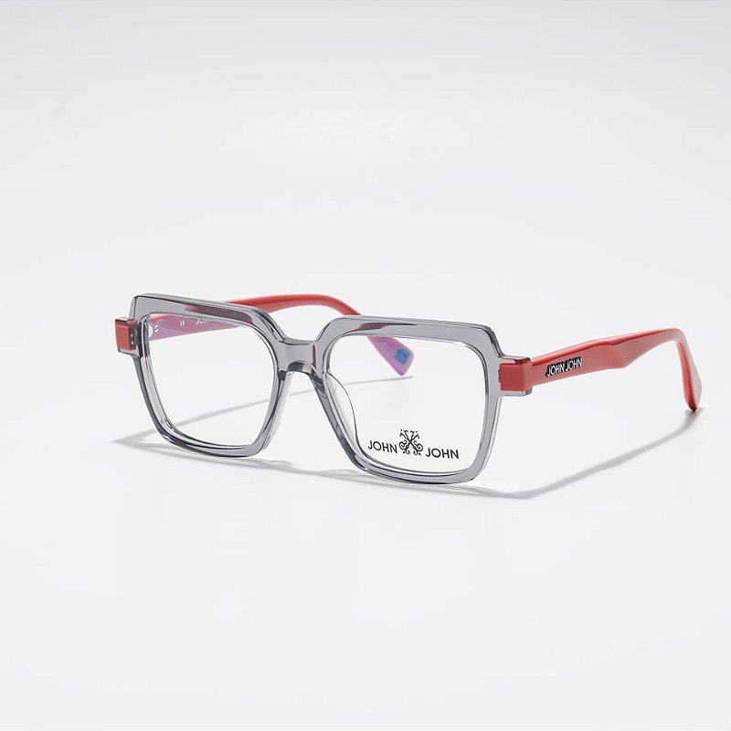 Óculos de Grau John-John JN0033-52-C3 Cinza translucido hastes Vermelha