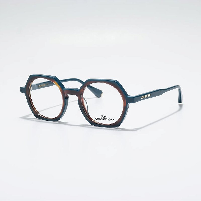 Óculos de Grau John-John JN0049-48-C2 Demi-ambar hastes Azul-petroleo