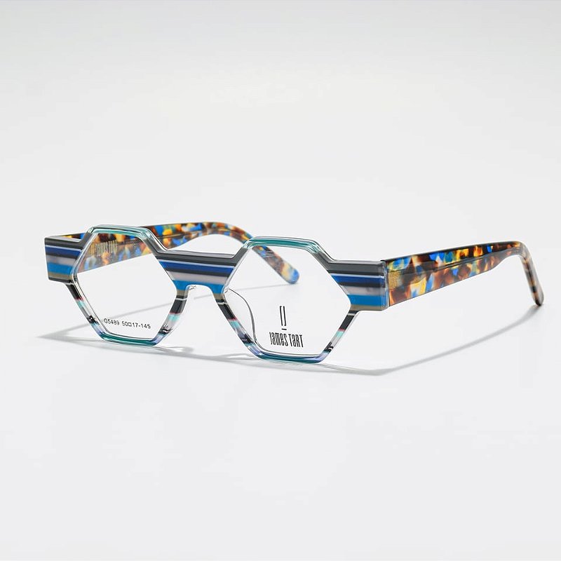 Oculos de Grau Retrô James Tart JTG5489-50-17L Listrado Azul hastes Havana Azul
