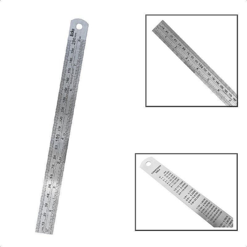 Régua Em Aço Inox Escala Mm e Pols 20cm 08 Pols - Bragante Ferramentas
