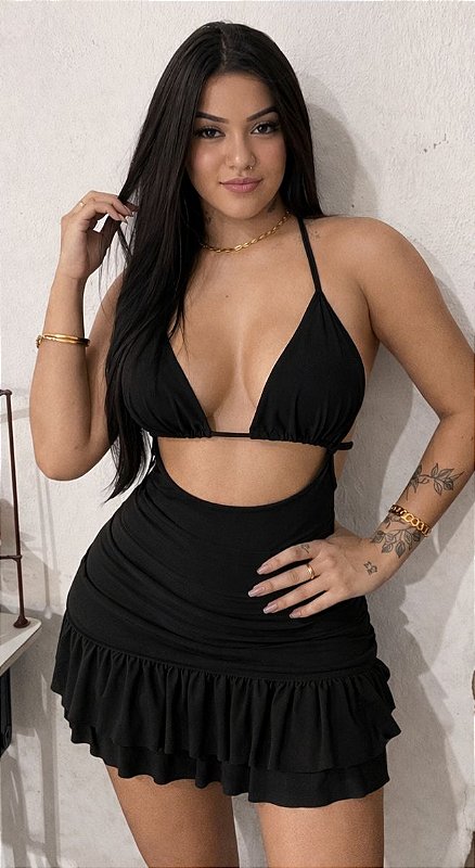 Vestido Cortininha com Babado em Poliamida