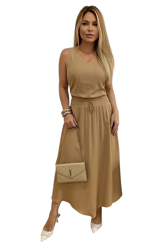 Saia Midi Elástico Cintura Viscose