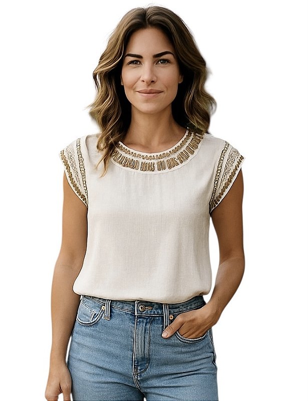 Blusa Manga Curta Bordado Viscolinho